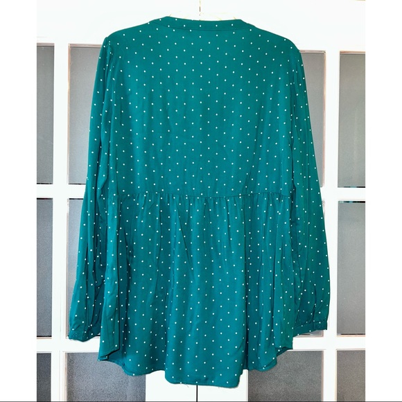 ✨EUC✨ LAUREN CONRAD LONG SLEEVE DARK TEAL BLOUSE WITH WHITE POLKA DOTS 🦚 - Picture 2 of 4